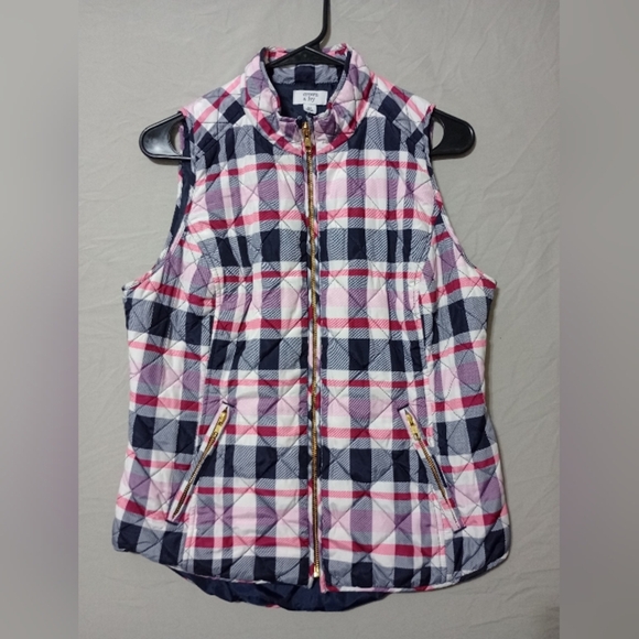 Crown & IVY Woman Pink Black Plaid Puffer Quilted Full Zip Vest XS Preppy Boho - Picture 1 of 6